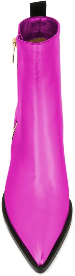 XYD Women Pointed Toe Glossy Ankle Boots Stacked Chunky Heels Pumps Booties with Side Zipper Fall Winter Dress Casual Shoes