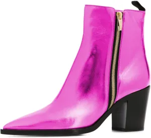 XYD Women Pointed Toe Glossy Ankle Boots Stacked Chunky Heels Pumps Booties with Side Zipper Fall Winter Dress Casual Shoes