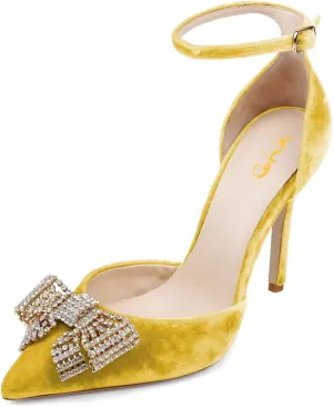 XYD Women Pointed Toe Velvet Pumps with Sparkling Rhinestone Bowknot Stiletto Heels Ankle Strap D'Orsay Wedding Event Shoes