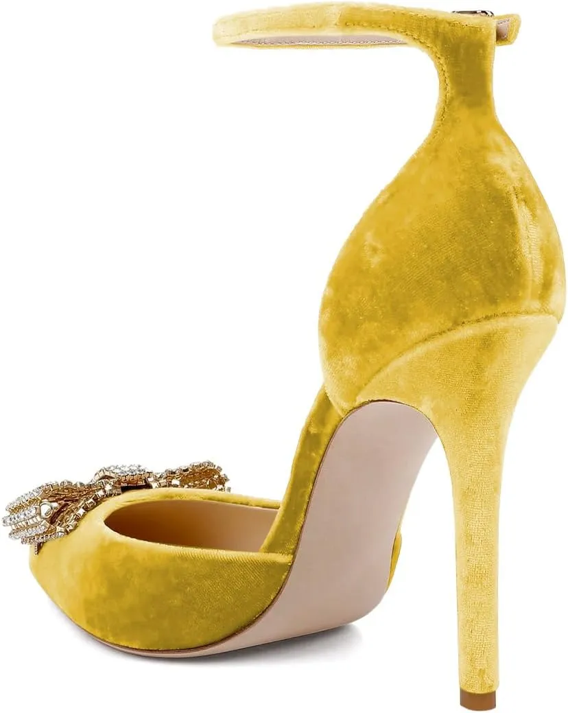 XYD Women Pointed Toe Velvet Pumps with Sparkling Rhinestone Bowknot Stiletto Heels Ankle Strap D'Orsay Wedding Event Shoes