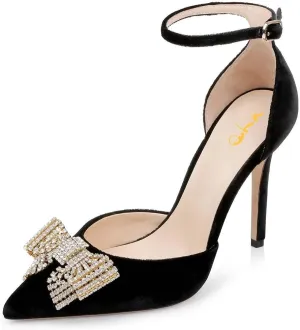 XYD Women Pointed Toe Velvet Pumps with Sparkling Rhinestone Bowknot Stiletto Heels Ankle Strap D'Orsay Wedding Event Shoes