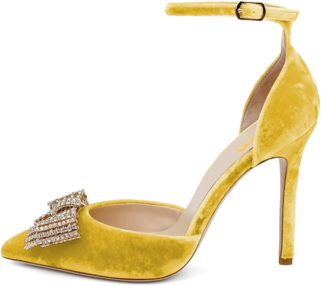 XYD Women Pointed Toe Velvet Pumps with Sparkling Rhinestone Bowknot Stiletto Heels Ankle Strap D'Orsay Wedding Event Shoes