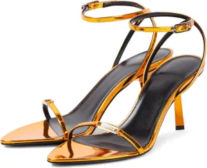 Yishaweiqi Metallic Heeled Sandals for Women Round Open Toe Stiletto Heels Buckle Ankle Strap Dress Sandals