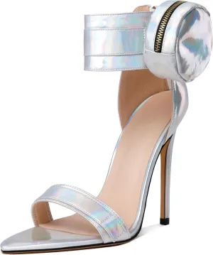 Zamikoo Women's High Heel Sandals, Ankle Strap Open Toe Heels, Pointy Toe Stiletto Heeled Sandals with Side Pouch 4.7 Inches, Sexy Fashion Ladies High Heels Zip Closure