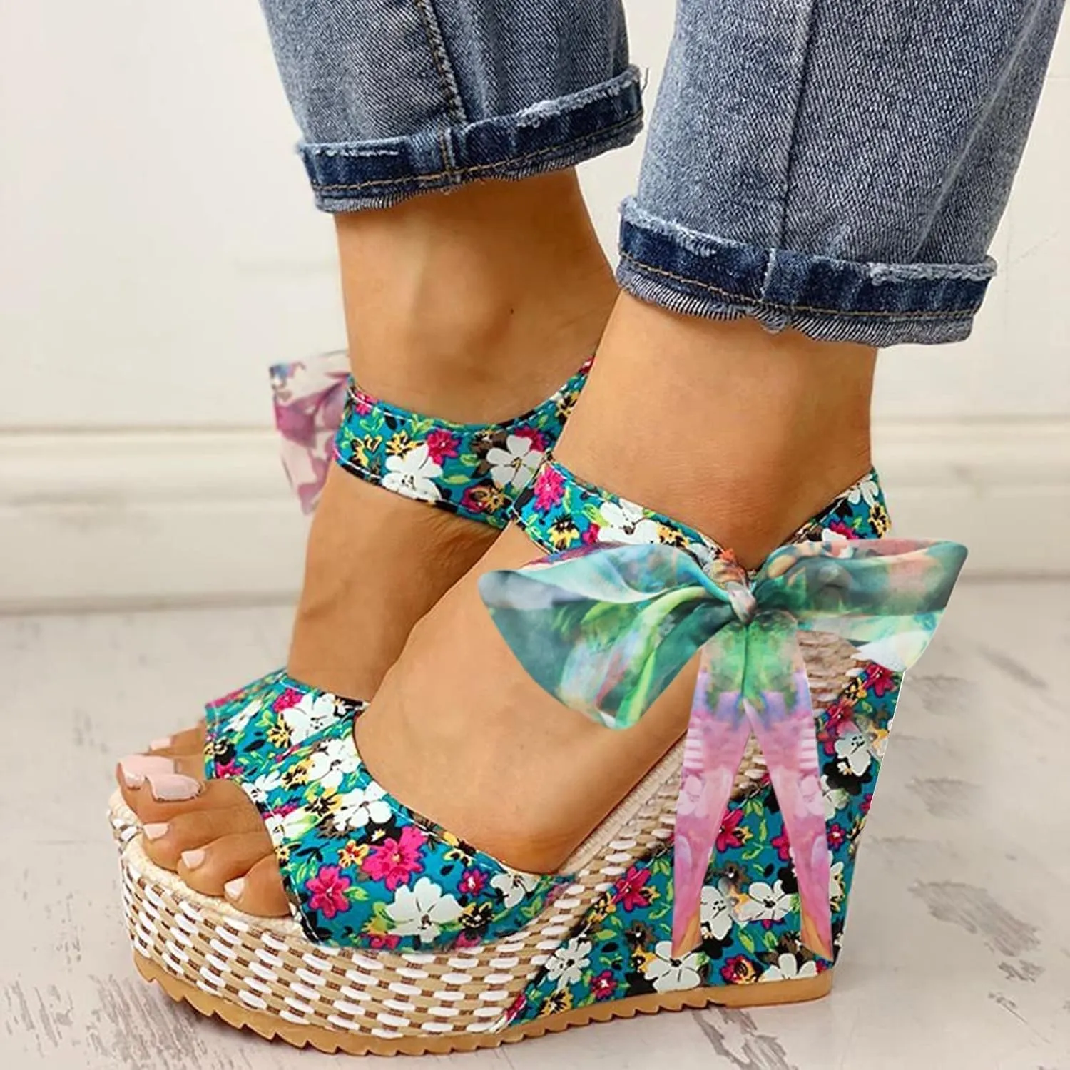 ZKXYFFS Womens' Wedge Platform Sandals Espadrille Bowknot Sandals Platform Floral Printed Slingback Open Toe Sandals