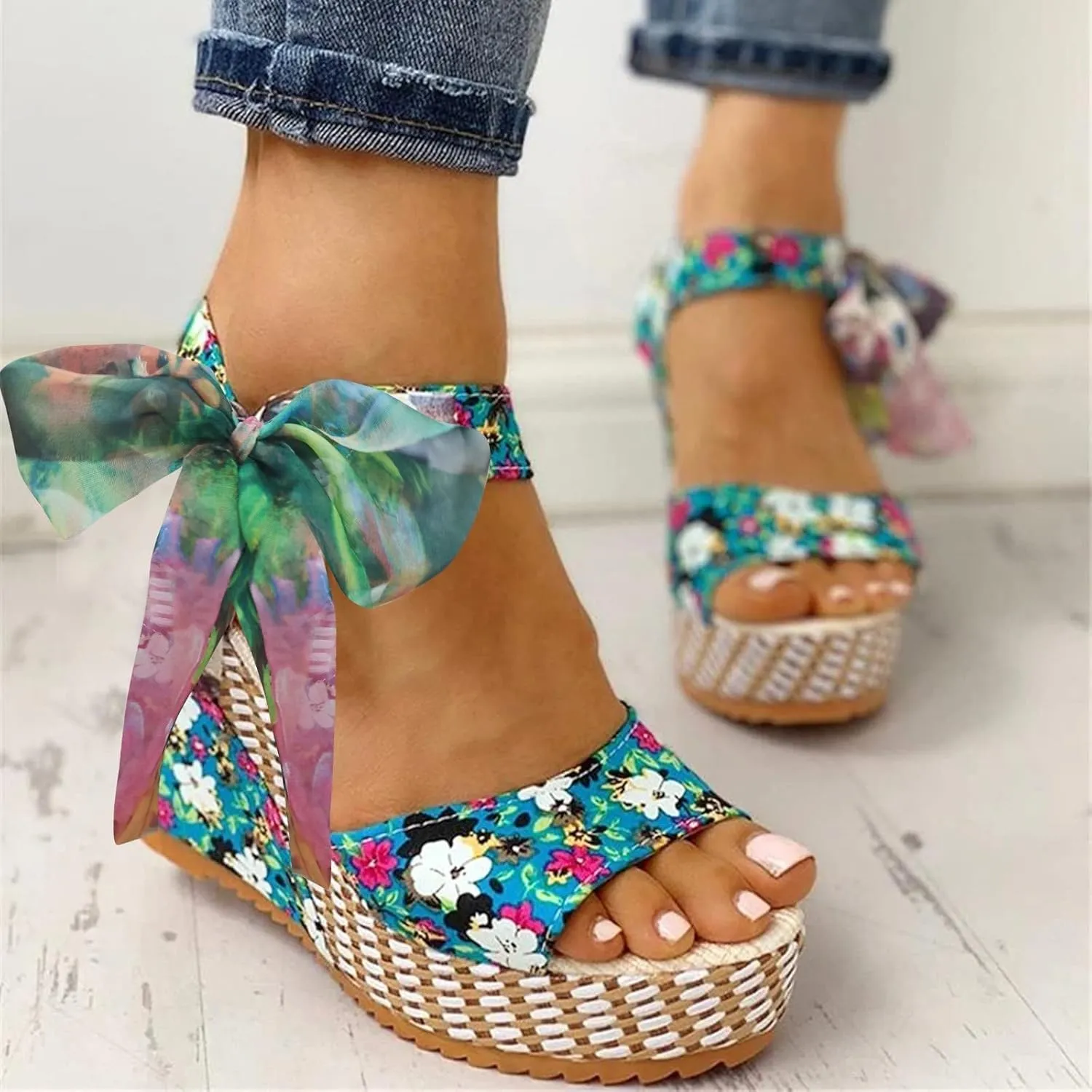 ZKXYFFS Womens' Wedge Platform Sandals Espadrille Bowknot Sandals Platform Floral Printed Slingback Open Toe Sandals