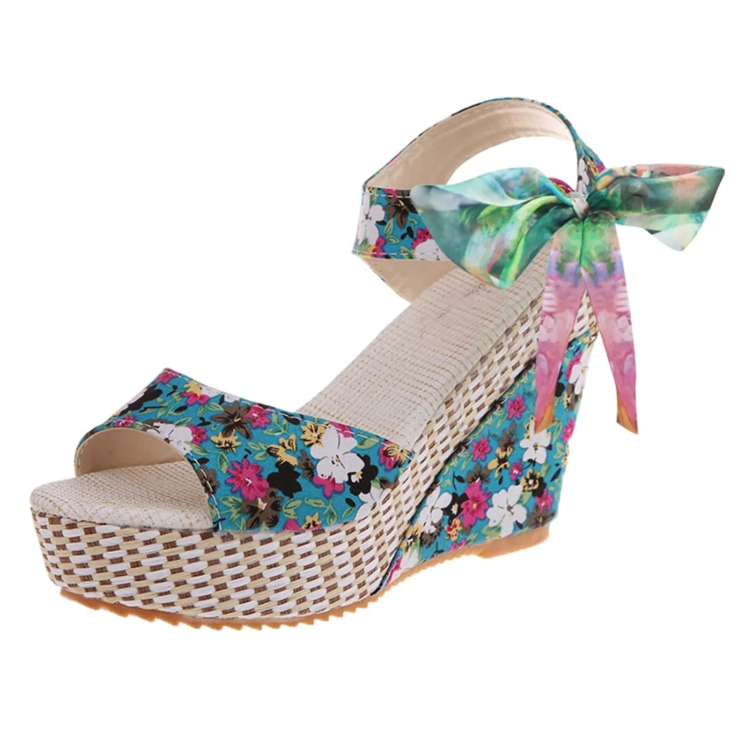 ZKXYFFS Womens' Wedge Platform Sandals Espadrille Bowknot Sandals Platform Floral Printed Slingback Open Toe Sandals