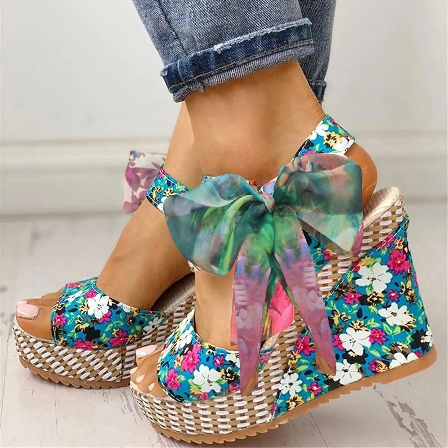 ZKXYFFS Womens' Wedge Platform Sandals Espadrille Bowknot Sandals Platform Floral Printed Slingback Open Toe Sandals