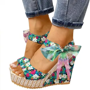ZKXYFFS Womens' Wedge Platform Sandals Espadrille Bowknot Sandals Platform Floral Printed Slingback Open Toe Sandals