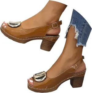ZSpzx Block Heel Sandals for Women 2025 Comfort Dressy Fish Mouth Chunky Mid Heels Ankle Straps Open Toe Metal Decoration Comfortable Sandal Summer Low Adjustable Walking Shoes for Daily Wear