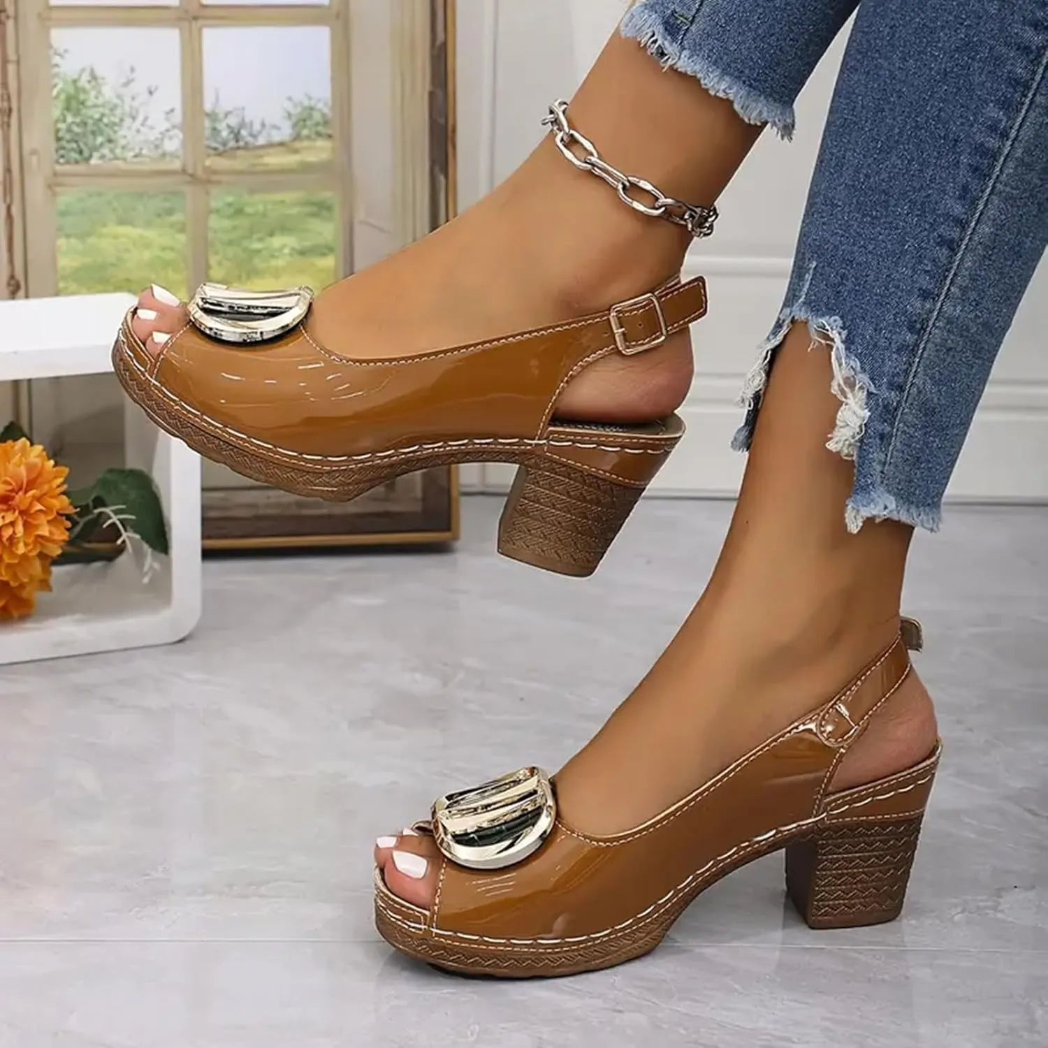 ZSpzx Block Heel Sandals for Women 2025 Comfort Dressy Fish Mouth Chunky Mid Heels Ankle Straps Open Toe Metal Decoration Comfortable Sandal Summer Low Adjustable Walking Shoes for Daily Wear