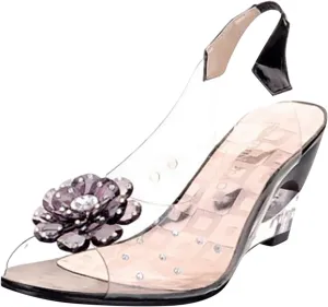 ZSpzx Women's Heeled Sandals Transparent Flowers Rhinestone Slippers Platform Wedges Sandal Womens Open Toe Strappy Ankle Strap High Heel Slides for Women Slip On Fish Mouth Sexy Block Heels Shoes