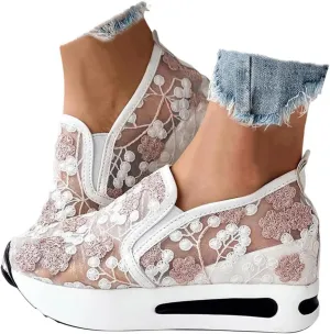 ZSpzx Women's Platform Wedge Sneakers Dressy Floral Embroidery Breathable Sheer Mesh Lace Sneakers Platform Wedge Sneakers Slip on Walking Shoes Loafers Lace up Sneakers Casual Shoes