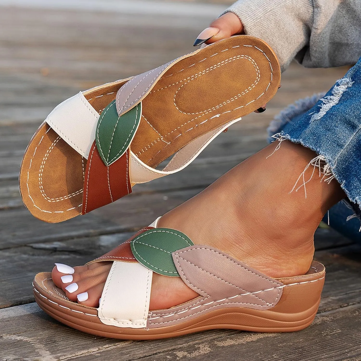 ZSpzx Women's Slide Sandals,Women Arch Support Slides Orthotic Walking Sandals Orthopedic Womens Comfortable Lightweight Wedge Slip On Casual Flip Flops Straps Slip-On Plantar Fasciitis Bunion Sandal