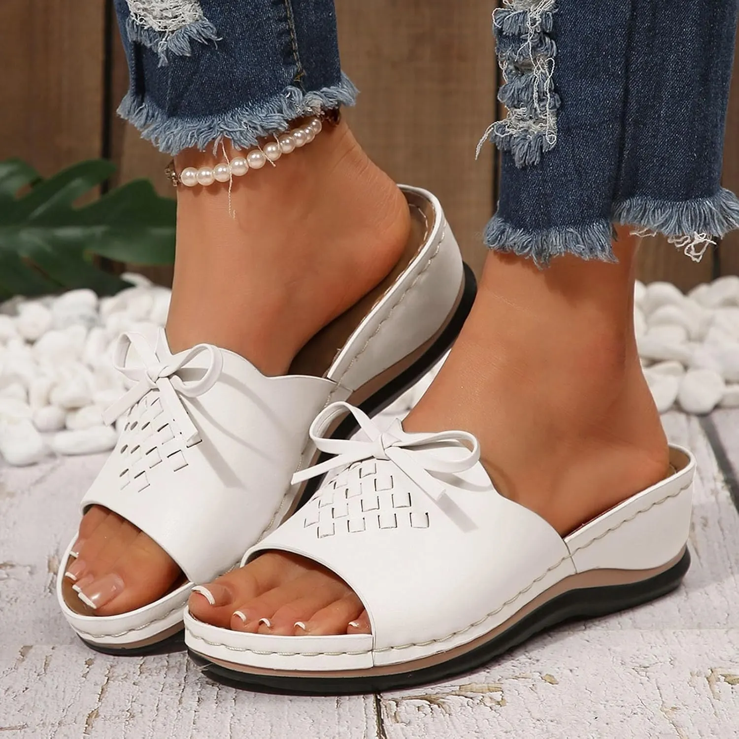ZSpzx Women's Slide Sandals,Womens Comfortable Lightweight Wedge Sandals Slip On Arch Support Slides Orthotic Walking Orthopedic Knot Casual Flip Flops Straps Slip-On Plantar Fasciitis Bunion Sandal