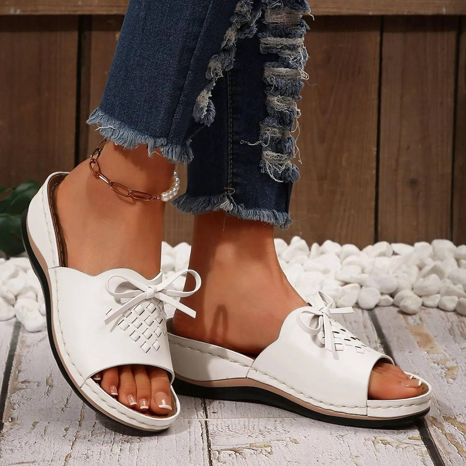 ZSpzx Women's Slide Sandals,Womens Comfortable Lightweight Wedge Sandals Slip On Arch Support Slides Orthotic Walking Orthopedic Knot Casual Flip Flops Straps Slip-On Plantar Fasciitis Bunion Sandal