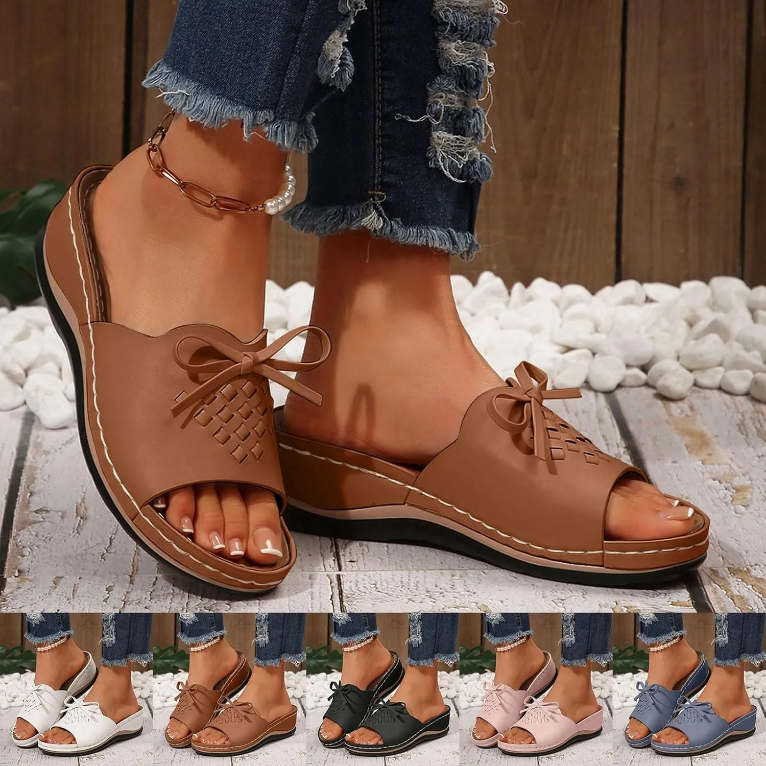 ZSpzx Women's Slide Sandals,Womens Comfortable Lightweight Wedge Sandals Slip On Arch Support Slides Orthotic Walking Orthopedic Knot Casual Flip Flops Straps Slip-On Plantar Fasciitis Bunion Sandal